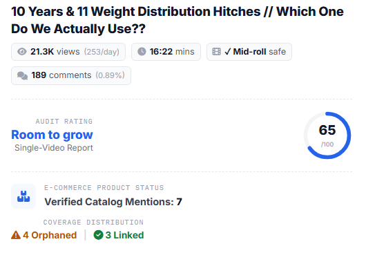 RVHustle audit dashboard showing monetization score, daily views, and orphaned product count