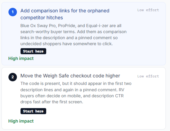 Prioritized action plan showing top fixes ranked by effort and impact