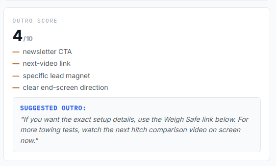 Outro score assessment showing 4 out of 10 with missing CTAs and suggested script